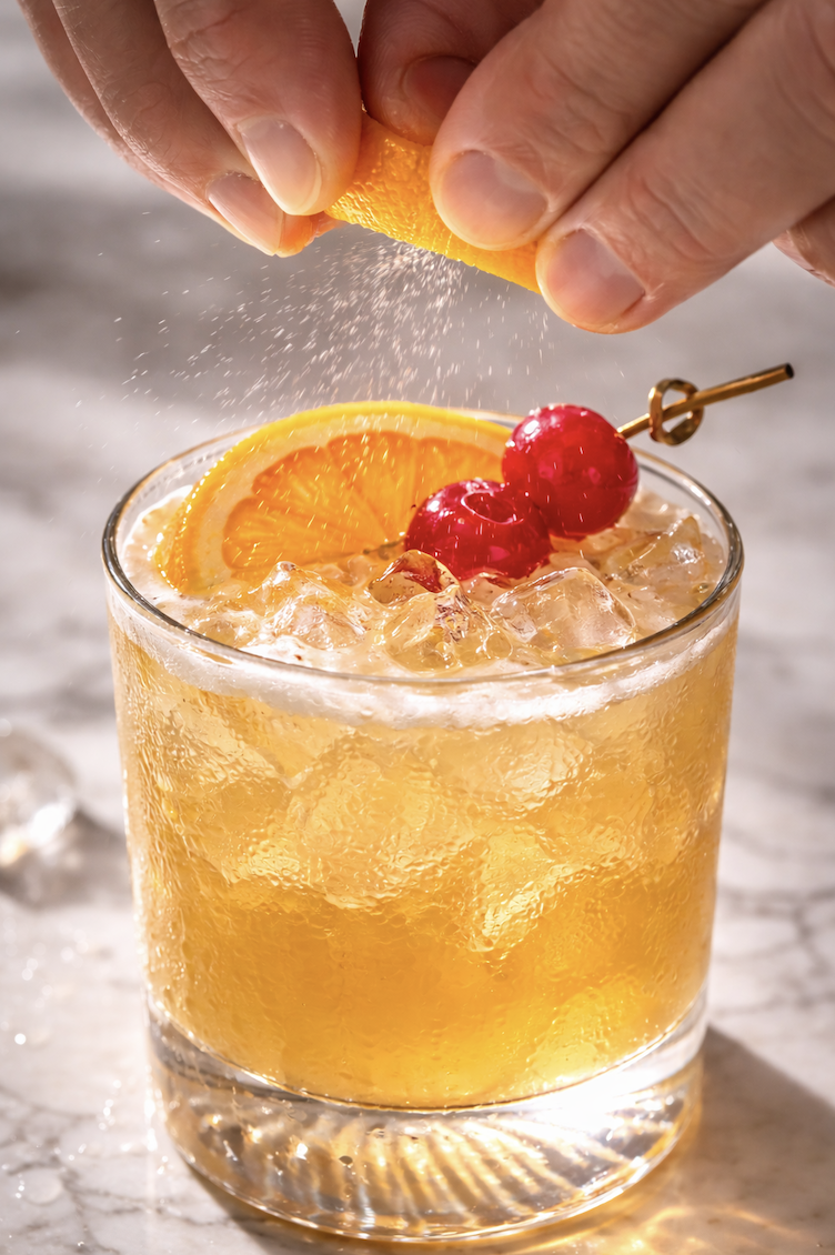 Expressing orange peel oils over whiskey sour cocktail with fresh ice, orange slice, and cherries