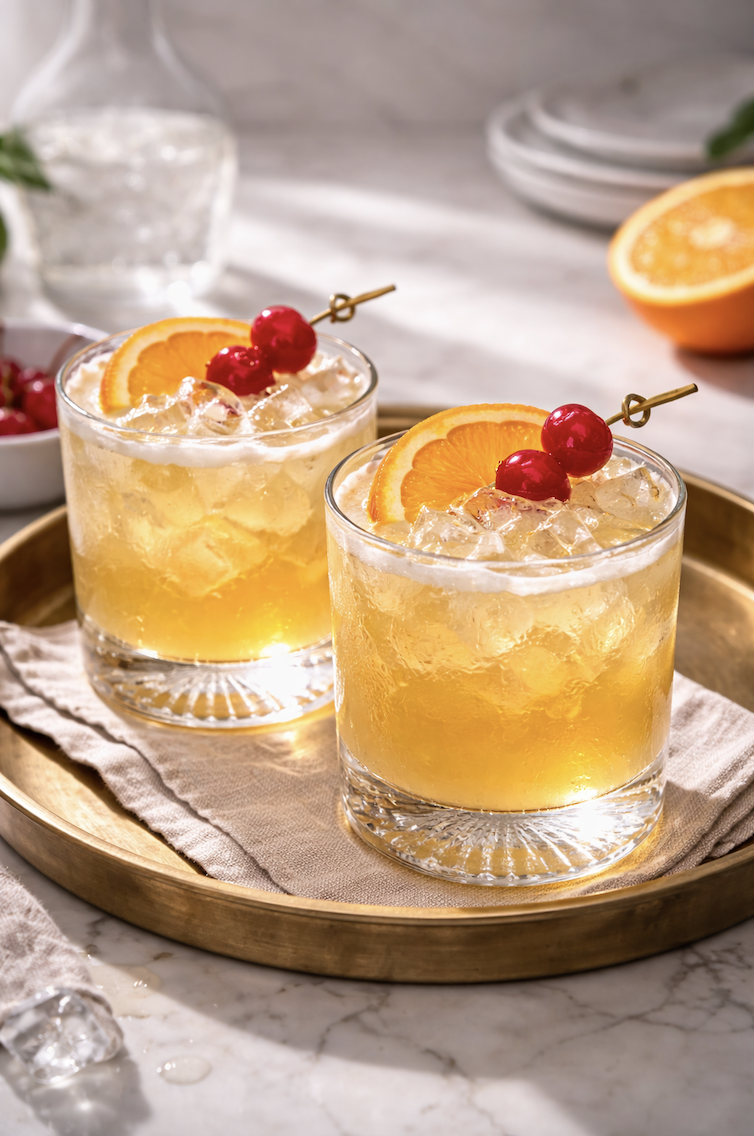 Two whiskey sour cocktails on serving tray with ice, orange slices, and maraschino cherry garnish
