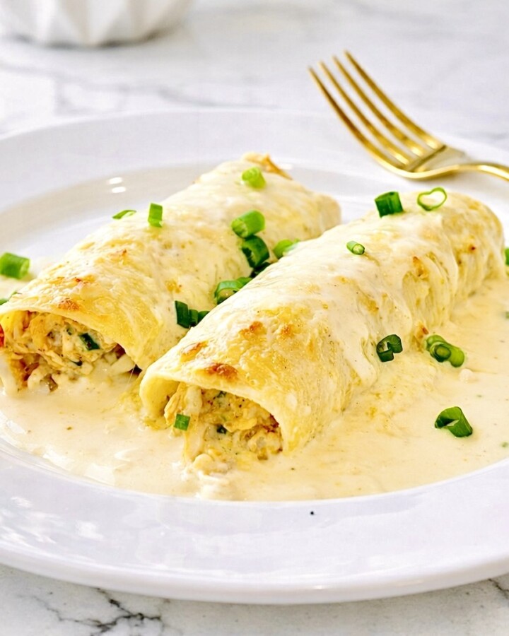 Creamy white chicken enchiladas topped with salsa verde sauce on a white plate with gold fork and bright kitchen background