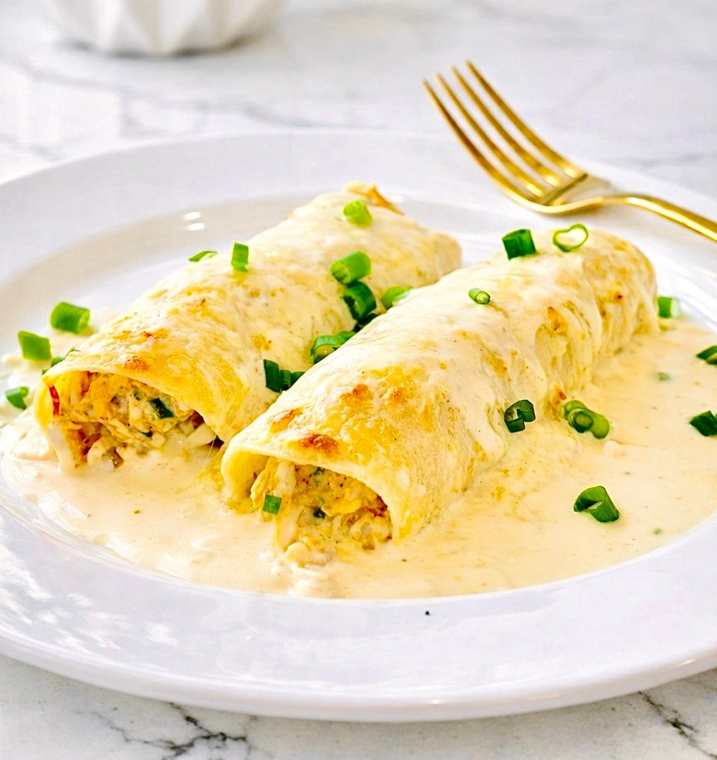 Creamy white chicken enchiladas topped with salsa verde sauce on a white plate with gold fork and bright kitchen background
