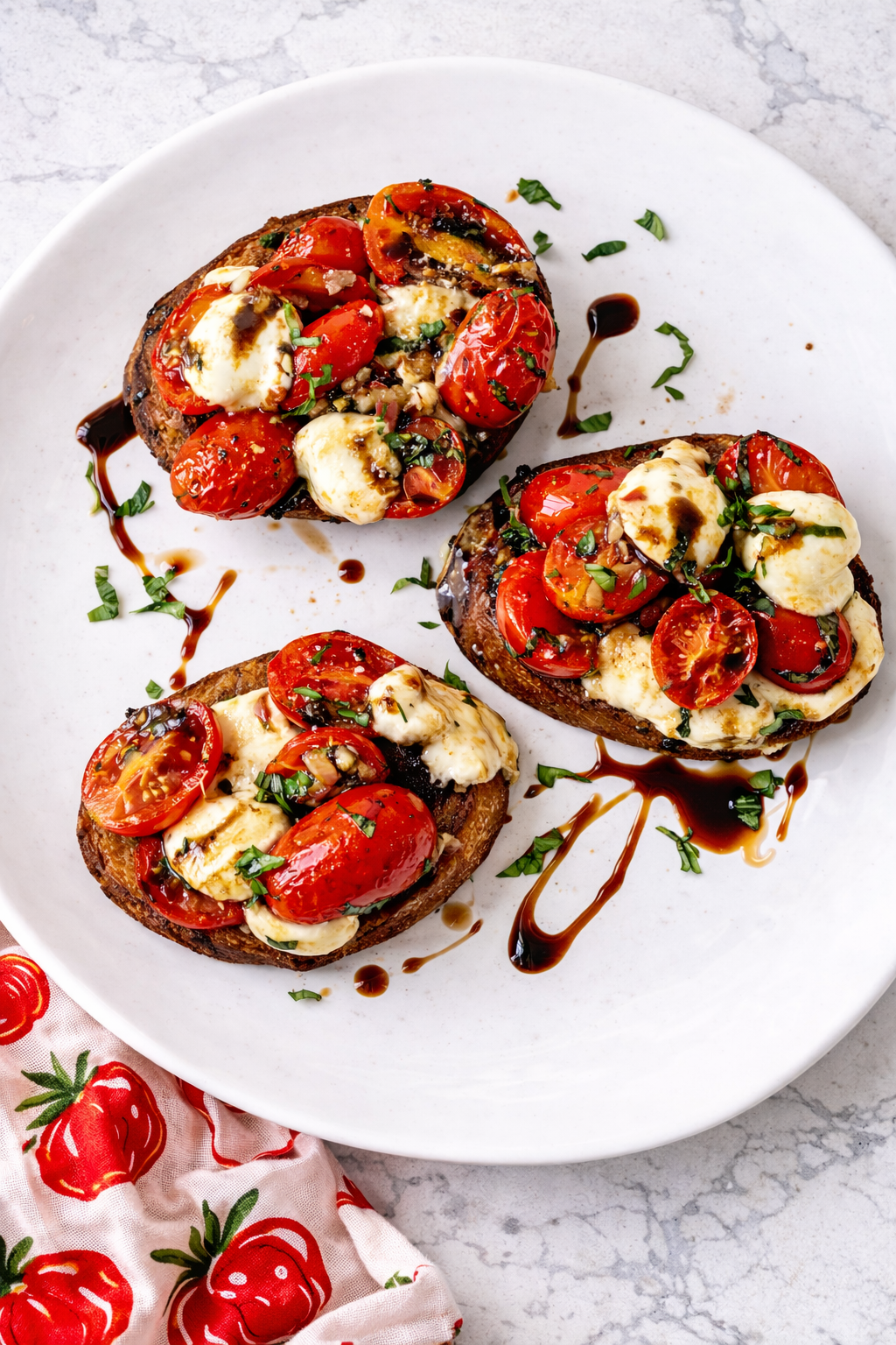 Tomato bruschetta with fresh mozzarella and balsamic glaze on toasted baguette slices, topped with cherry tomatoes and basil on a white plate