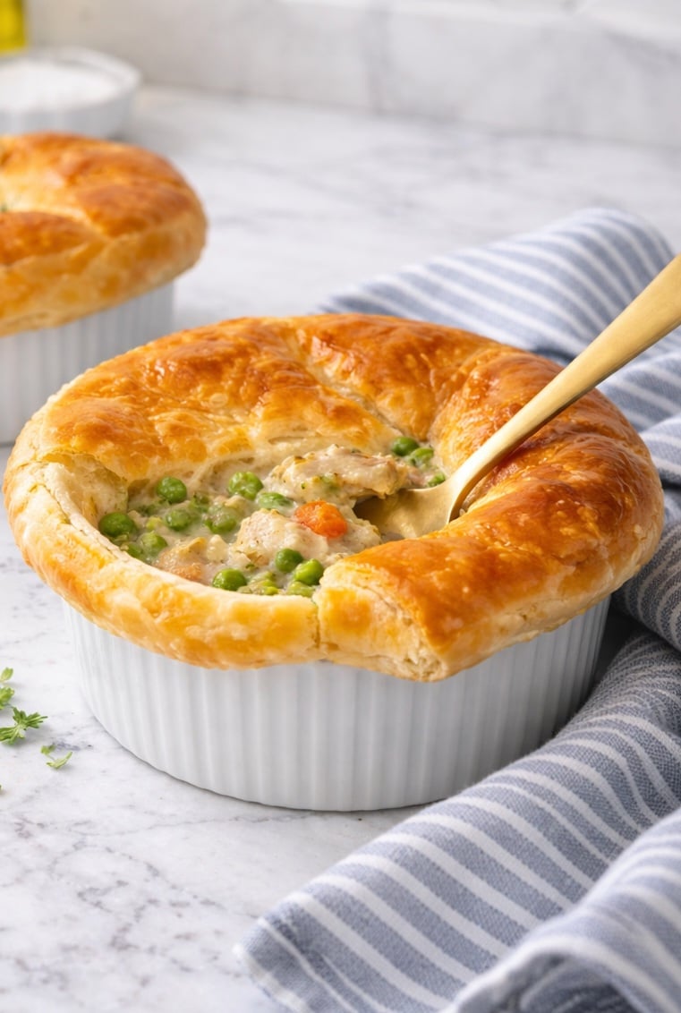 Chicken pot pie with flaky puff pastry crust in a white ramekin, creamy chicken and vegetable filling visible with a spoon inserted, set on a white marble-style countertop with a striped linen nearby.