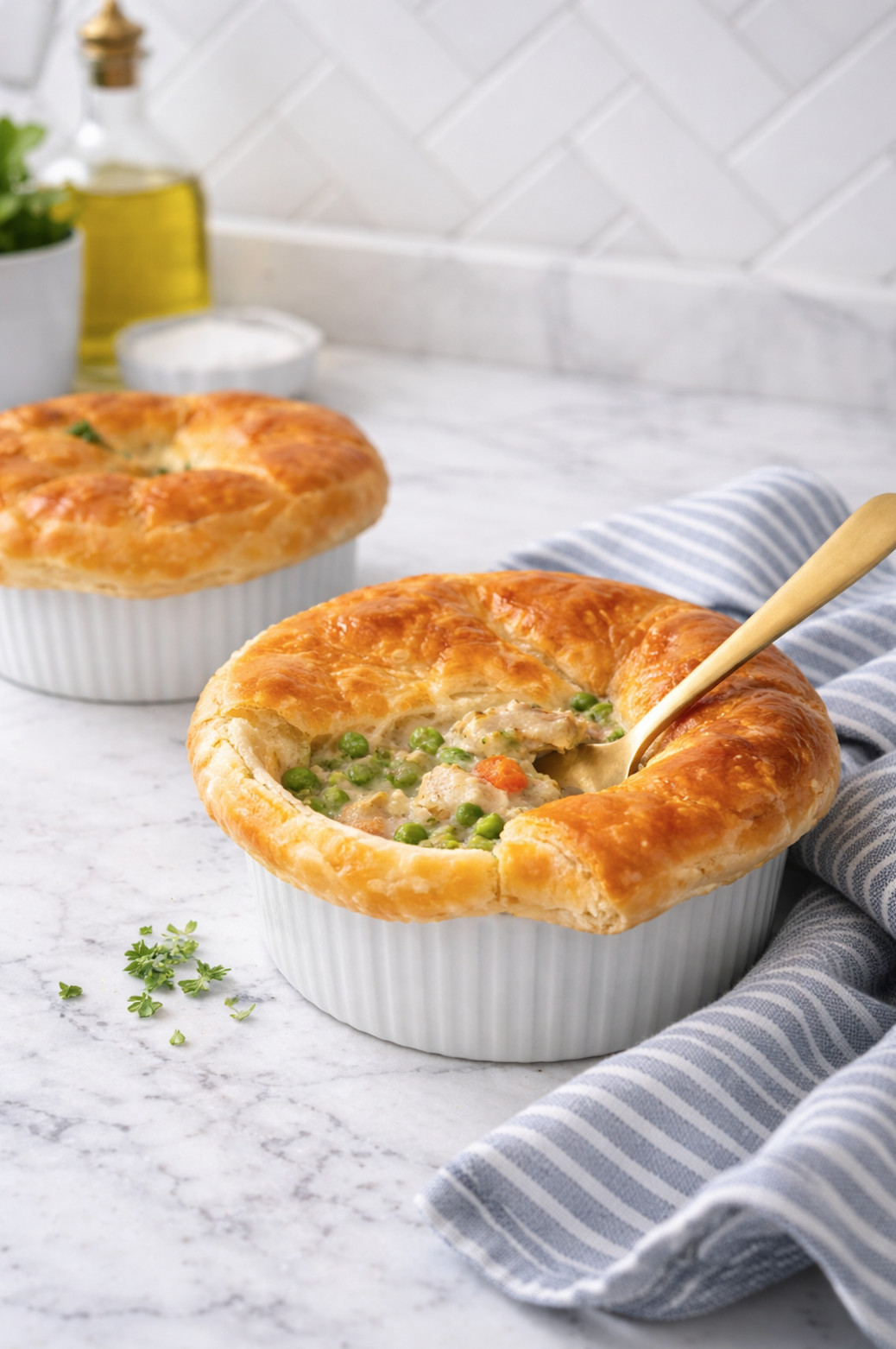 Individual chicken pot pie in a white ceramic ramekin with a golden puff pastry crust, partially opened to reveal creamy chicken, peas, and carrots, with a gold spoon resting inside on a white quartz countertop.