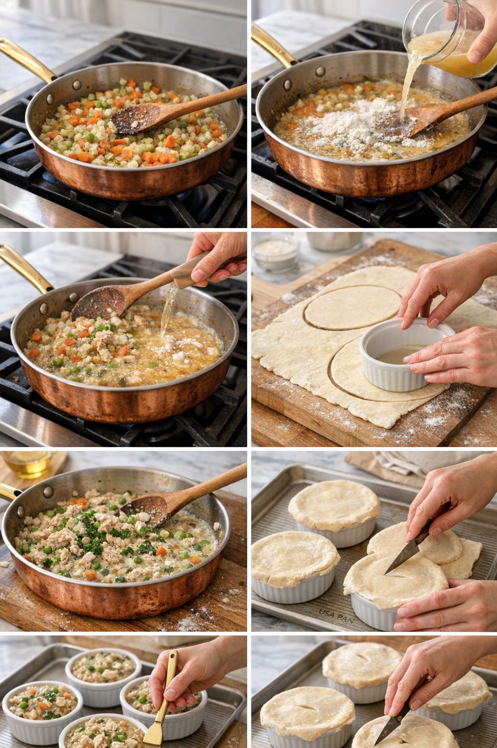 Six-step cooking process for chicken pot pie showing sautéed vegetables in a copper pan, flour and broth added to form sauce, puff pastry rolled and cut, filling spooned into ramekins, pastry placed on top, and vents cut before baking.