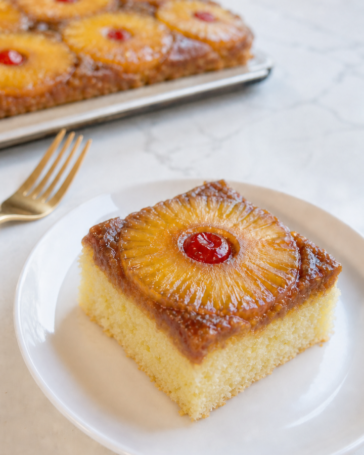 Moist fluffy slice of Pineapple Upside-Down Sheet Cake with caramelized pineapple and cherry.