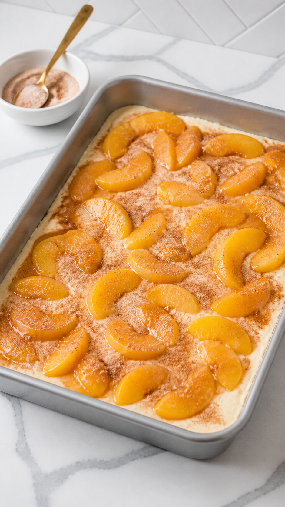 Sliced peaches spooned over Bisquick cobbler batter before baking.