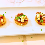 Easy Cranberry Crostini with Fig Jam, Bacon, and Blue Cheese for the perfect bite sized appetizer