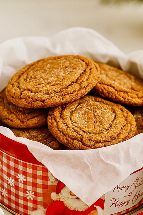 Chewy Molasses Cookies in a vintage Christmas Tin