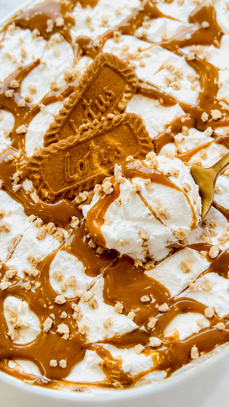 Tight close-up of Biscoff banana pudding with glossy cookie butter drizzle, whipped cream, chopped cookie crumbs, and a gold spoon scooping the dessert.
