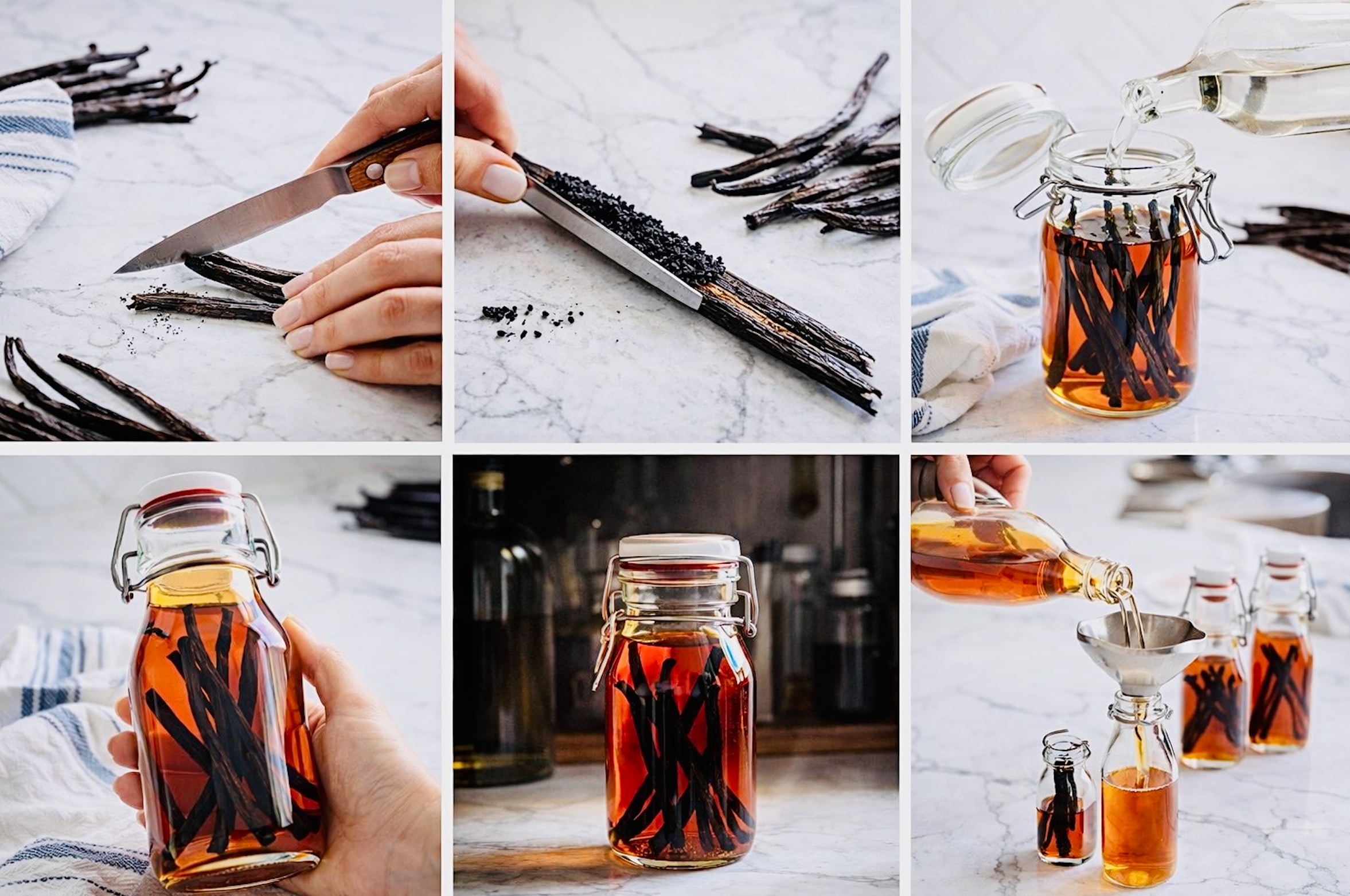 Step-by-step collage showing how to make homemade vanilla extract: splitting whole vanilla beans, adding vodka to a glass jar, and bottling finished extract in small glass containers.