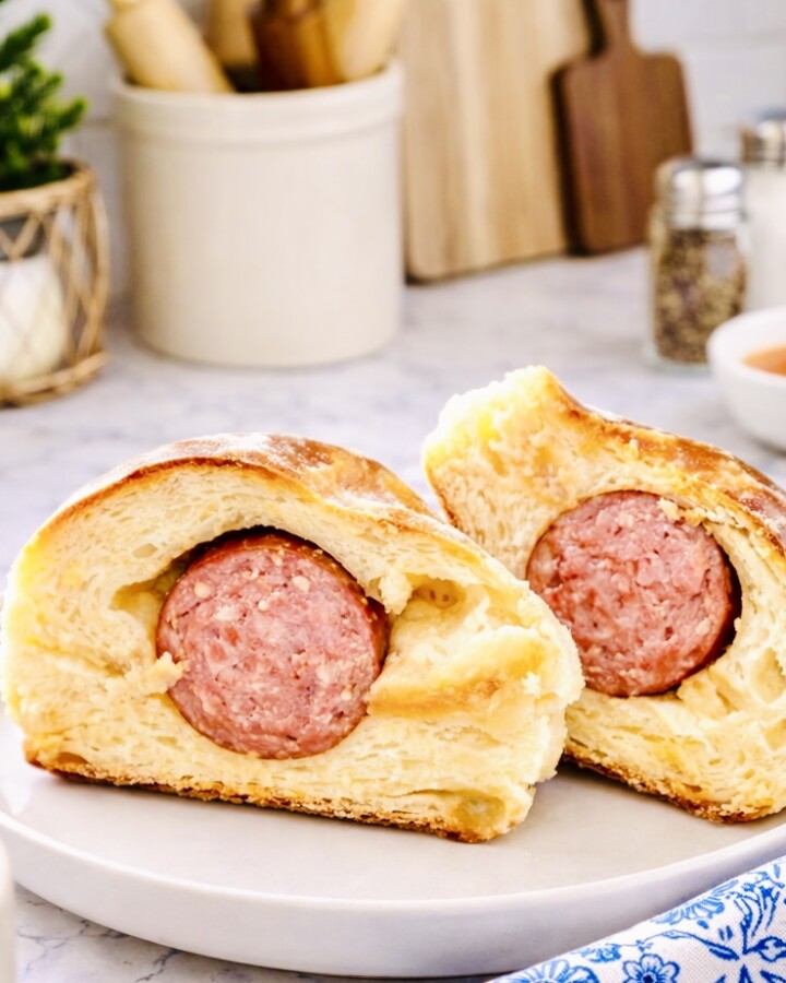 Texas sausage kolache cut in half showing smoky breakfast sausage wrapped in soft sweet yeast dough on a white plate