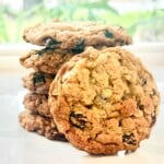 A stack of Chewy Old-Fashioned Oatmeal Raisin Cookies