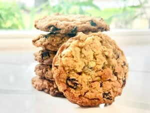 A stack of Chewy Old-Fashioned Oatmeal Raisin Cookies