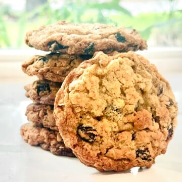 A stack of Chewy Old-Fashioned Oatmeal Raisin Cookies