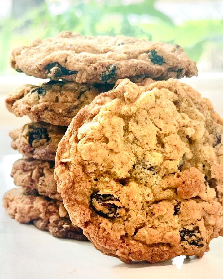 A stack of Chewy Old-Fashioned Oatmeal Raisin Cookies