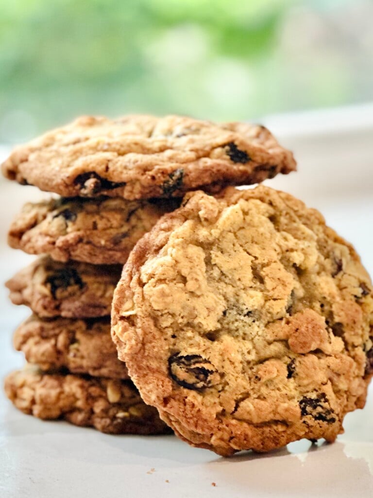 A closeup stack of Chewy Old-Fashioned Oatmeal Raisin Cookies