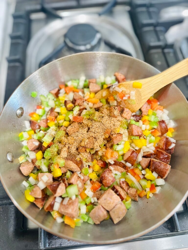 prepping for shrimp and sausage jambalaya