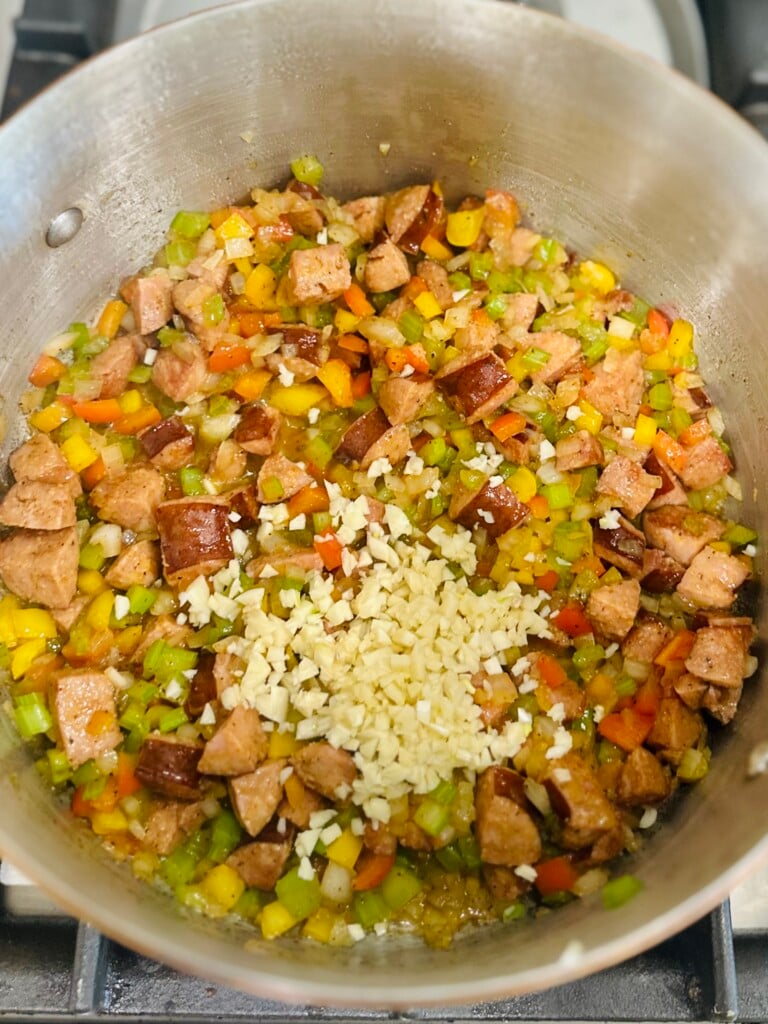 prepping for shrimp and sausage jambalaya