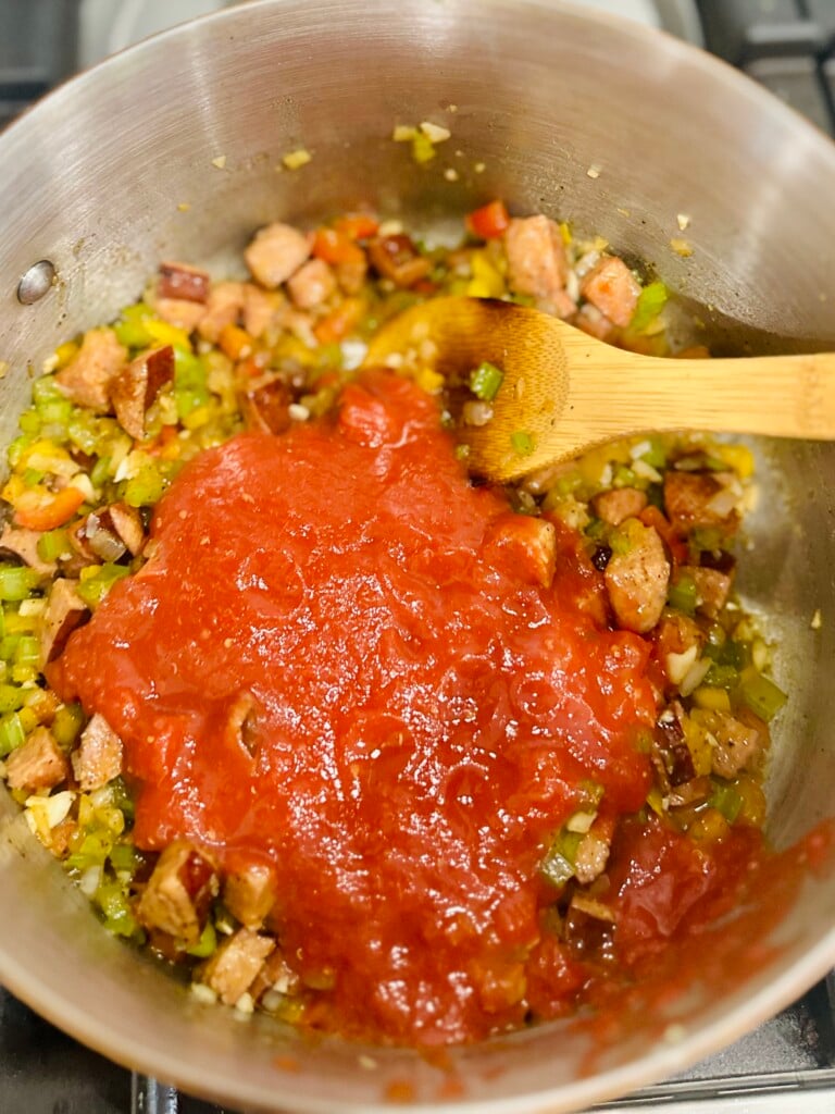 prepping for shrimp and sausage jambalaya