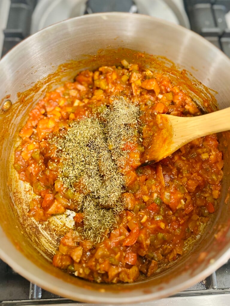 prepping for shrimp and sausage jambalaya