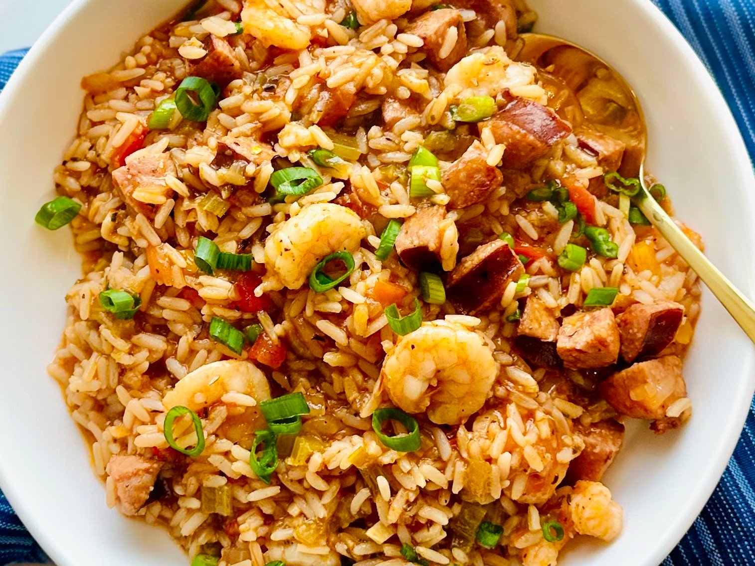 Authentic homemade shrimp and sausage jambalaya with rice