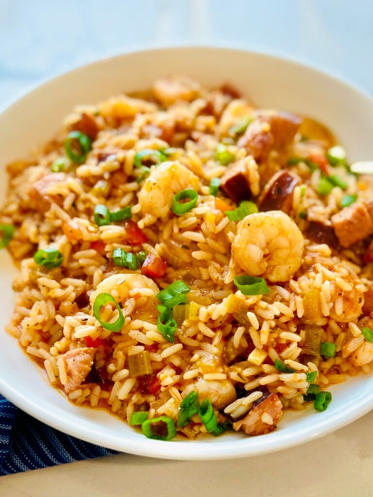 Easy homemade jambalaya recipe with shrimp, sausage, and holy trinity vegetables