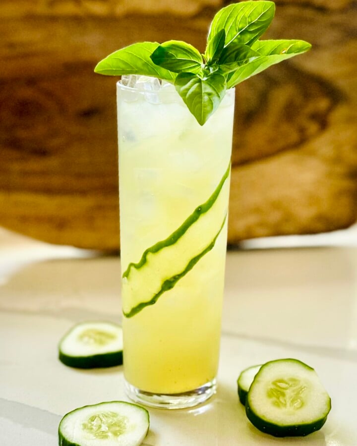 Garden Gimlet cocktail in a highball glass with fresh basil and cucumber ribbon garnish, served over ice.