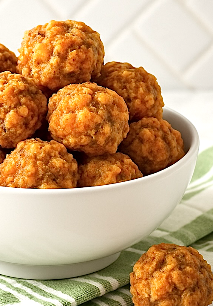 Closeup bowl of bisquick sausage balls