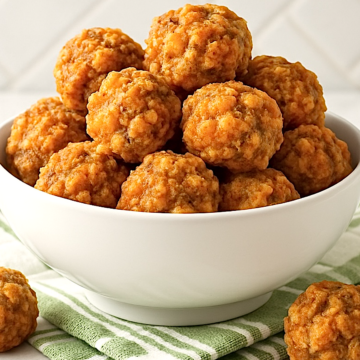 bisquick sausage balls in a white bowl