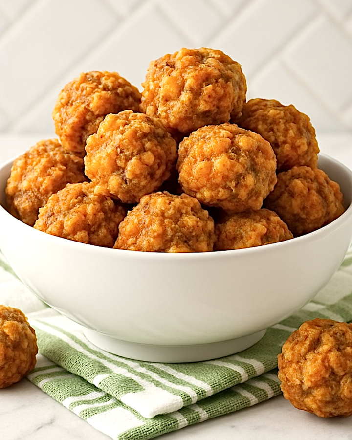 bisquick sausage balls in a white bowl