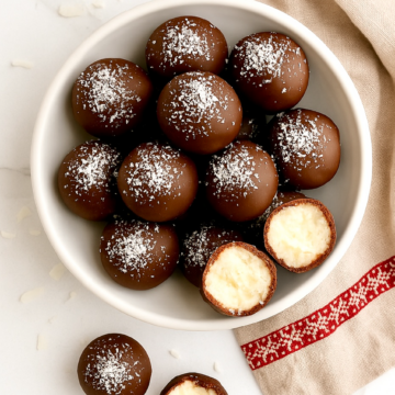 Overhead view of Chocolate Coconut Balls - Like homemade Mounds Candy