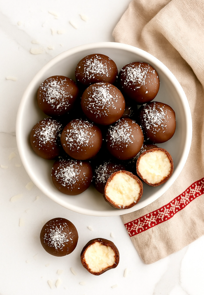Overhead view of Chocolate Coconut Balls - Like homemade Mounds Candy