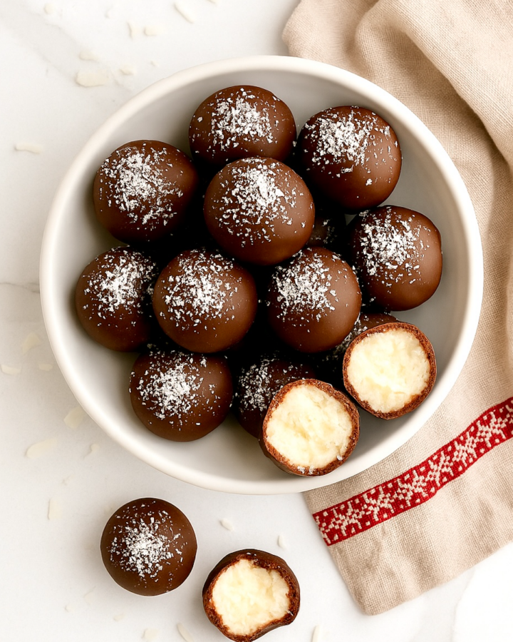 Overhead view of Chocolate Coconut Balls - Like homemade Mounds Candy