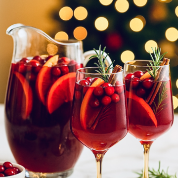 Festive pitcher and glasses of cranberry pomegranate holiday punch with orange slices, cranberries, rosemary, and cinnamon sticks, set against glowing Christmas tree lights