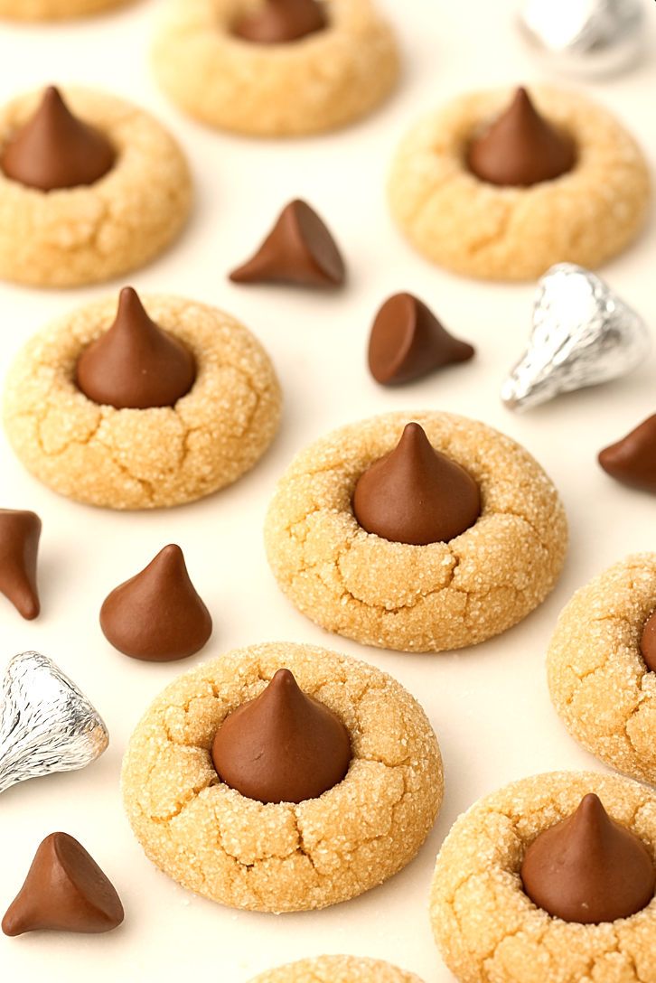 Peanut Butter Blossoms on a countertop with Hershey's Kisses scattered around.