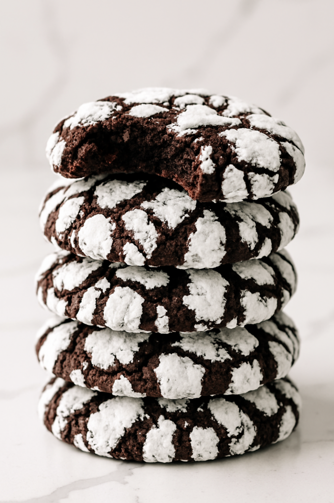 Stacked chocolate crinkle cookies with a bite taken out, revealing fudgy centers and crackly powdered sugar coating