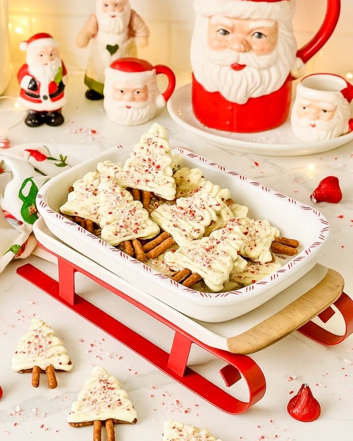 Peppermint Chocolate Christmas Trees piled into a sleigh serving tray