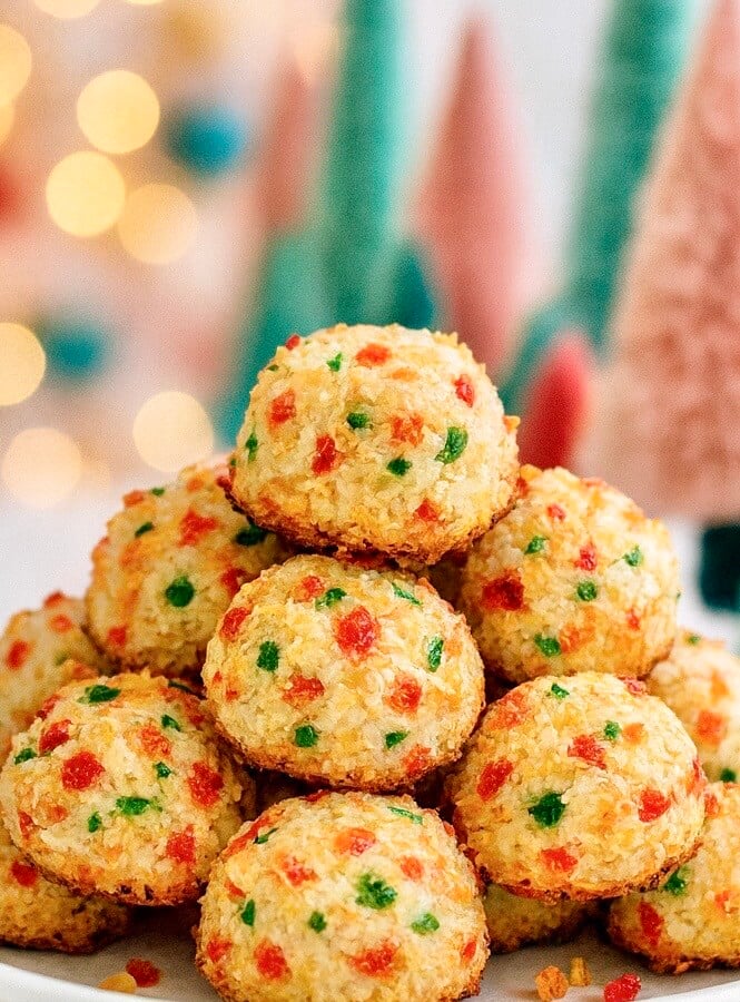 Tall pile of fruit cake coconut macaroons