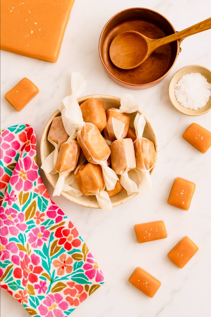 Mexican Vanilla Caramels wrapped in wax paper and scattered across the countertopi