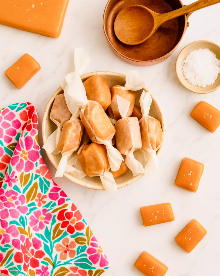 Mexican Vanilla Caramels wrapped in wax paper and scattered across the countertopi