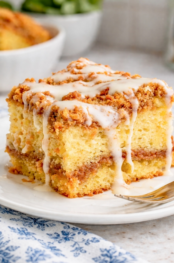 Slice of sour cream coffee cake with cinnamon streusel and vanilla glaze on a white plate