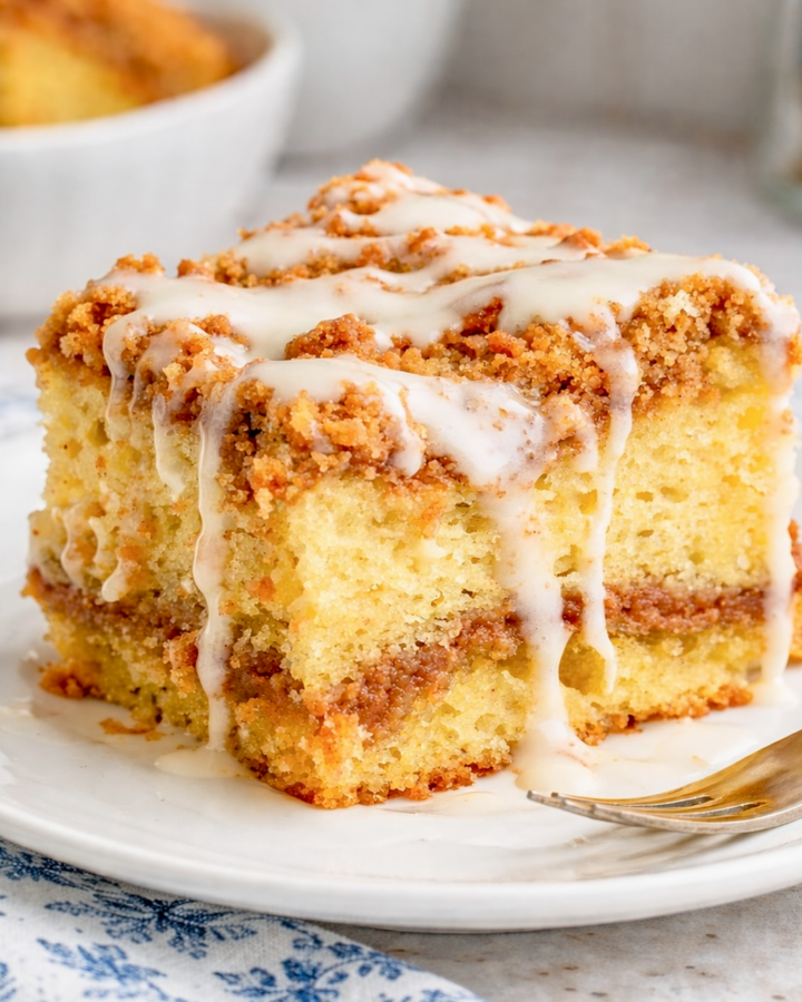 Slice of sour cream coffee cake with cinnamon streusel and vanilla glaze on a white plate