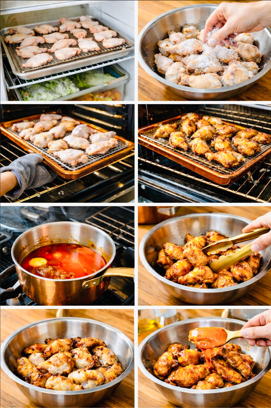 Alt text: Step-by-step process of making crispy oven-baked buffalo wings, including drying, seasoning, baking, and saucing the wings.