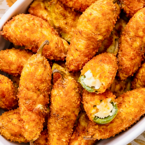 Crispy fried jalapeño poppers with a golden breadcrumb coating and creamy cheese filling in a white serving dish