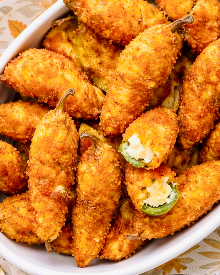 Crispy fried jalapeño poppers with a golden breadcrumb coating and creamy cheese filling in a white serving dish