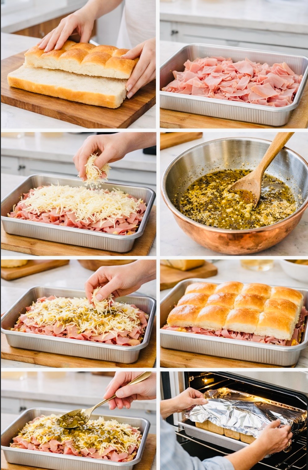 Step-by-step process of assembling ham and cheese sliders, including layering ham and cheese, pouring butter sauce, and covering with foil before baking.