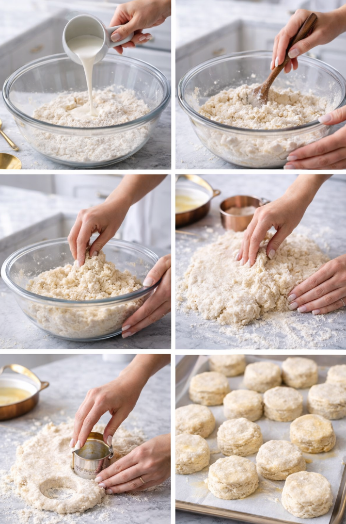 Step-by-step process of making whipping cream biscuits, including adding cream to dry ingredients, mixing dough in a glass bowl, kneading, cutting biscuits, and placing unbaked biscuits on a baking sheet.