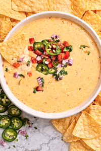 Bowl of creamy Rotel cheese dip topped with chopped tomatoes, jalapeño slices, red onion, and cilantro, surrounded by tortilla chips.