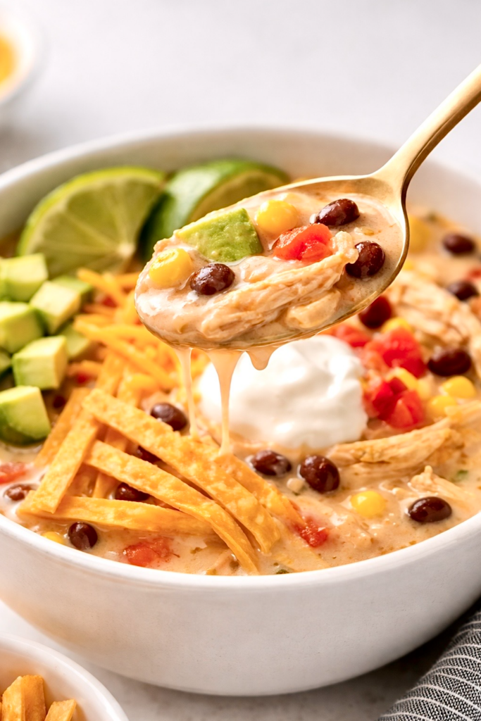 Spoon lifting creamy chicken tortilla soup showing shredded chicken, black beans, corn, avocado, and melted cheese in a rich broth