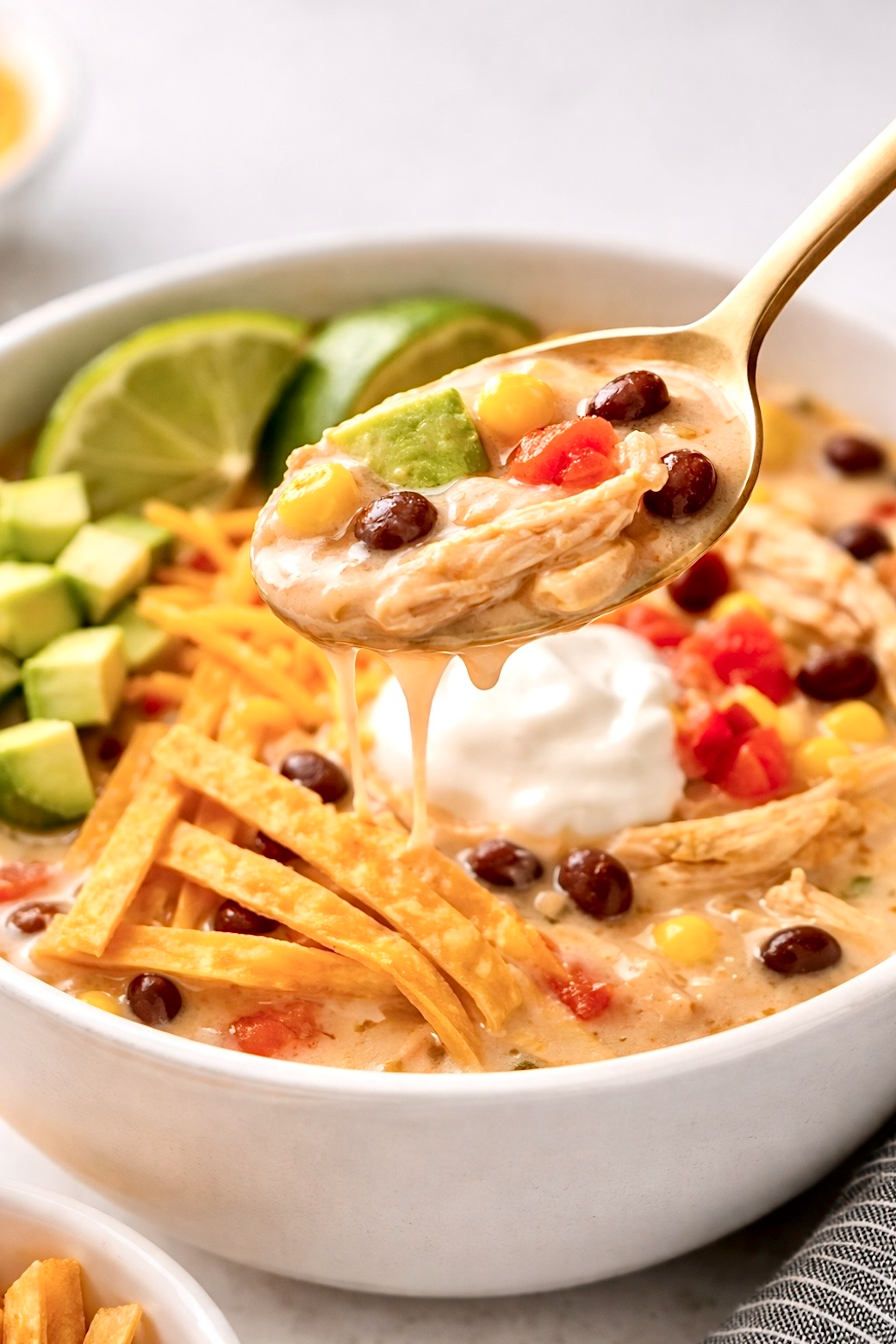 Spoon lifting creamy chicken tortilla soup showing shredded chicken, black beans, corn, avocado, and melted cheese in a rich broth